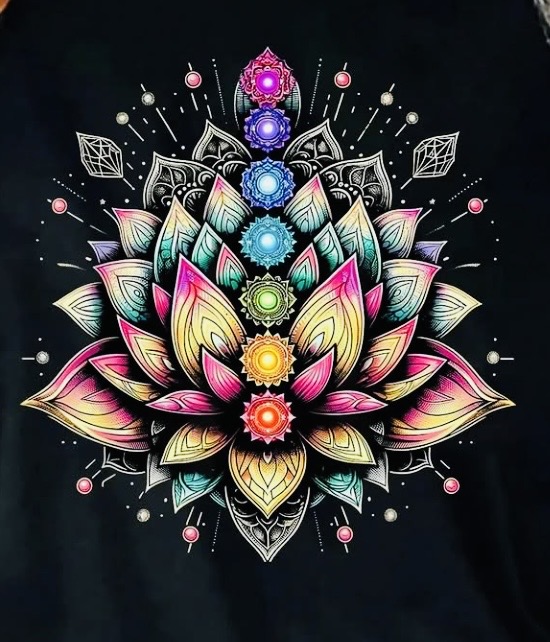 A colourful lotus mandala on black with seven luminous chakra symbols rising through its centre.