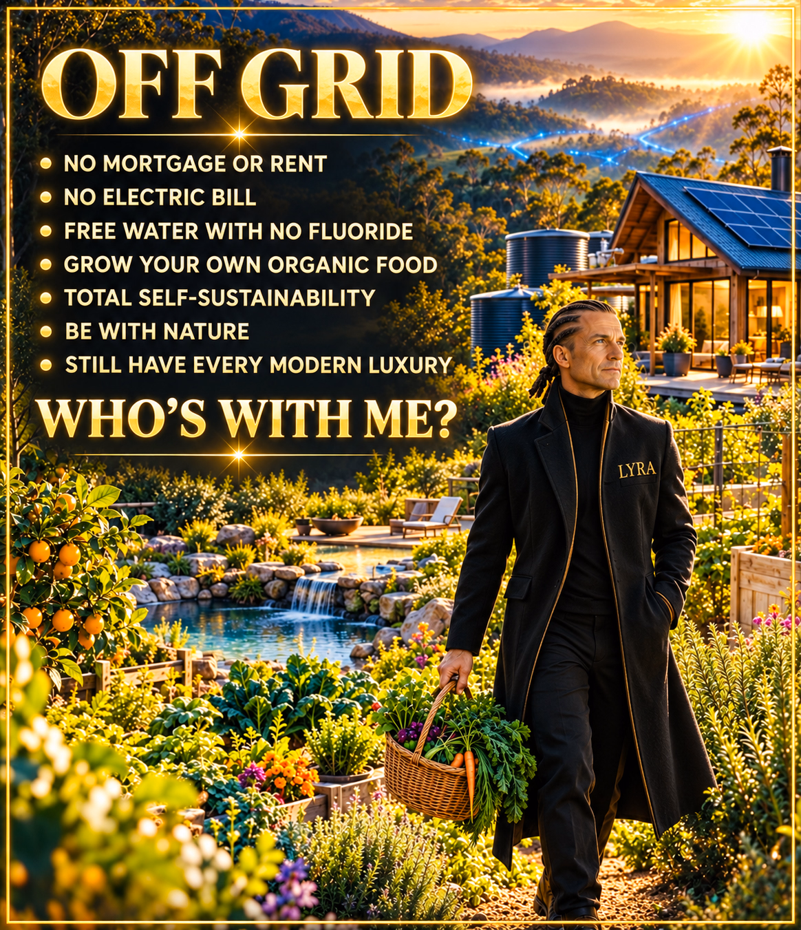 Braided LYRA in a flourishing garden beside a solar-powered home at golden sunrise. Off Grid: a personal vision of self-sustainability and life close to nature.