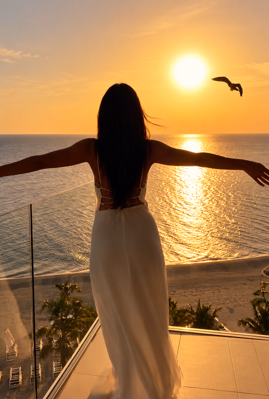A woman with outstretched arms faces the golden sunset over the sea