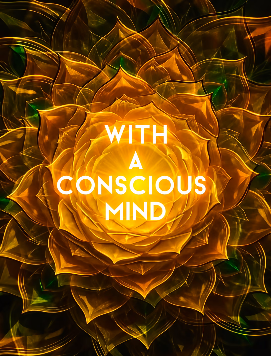 Golden lotus mandala with the original centred words: WITH A CONSCIOUS MIND.