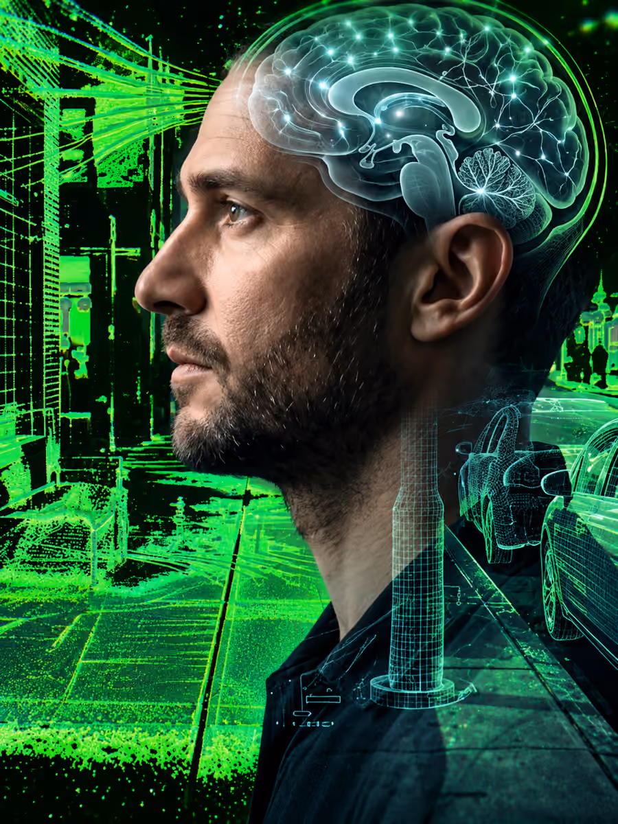 A man in profile with a symbolic translucent brain overlay against an emerald digital city.