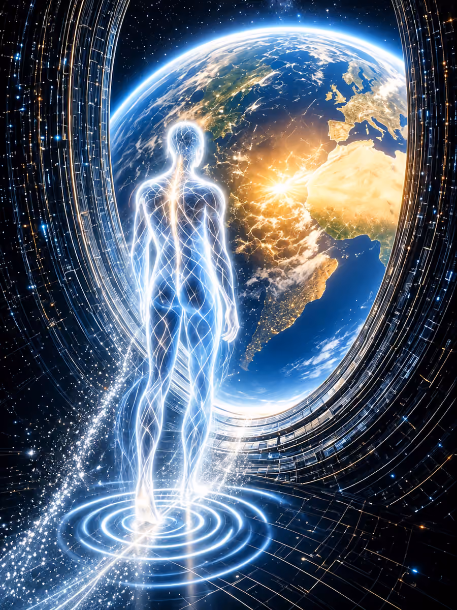 A closer view of a luminous figure before Earth and a golden sunrise within a cosmic portal.