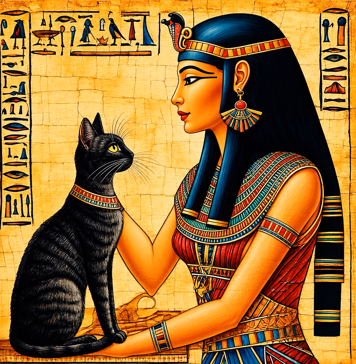 An Egyptian-inspired woman and a black cat look at one another against golden parchment with decorative hieroglyphic motifs.
