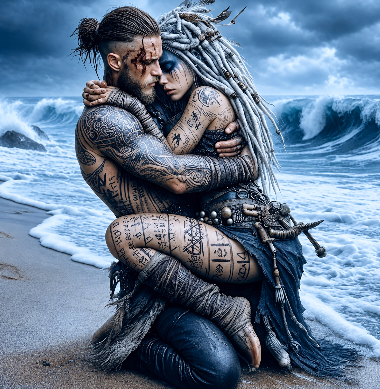 Two tattooed fantasy figures embrace beside a stormy sea in cool blue light.