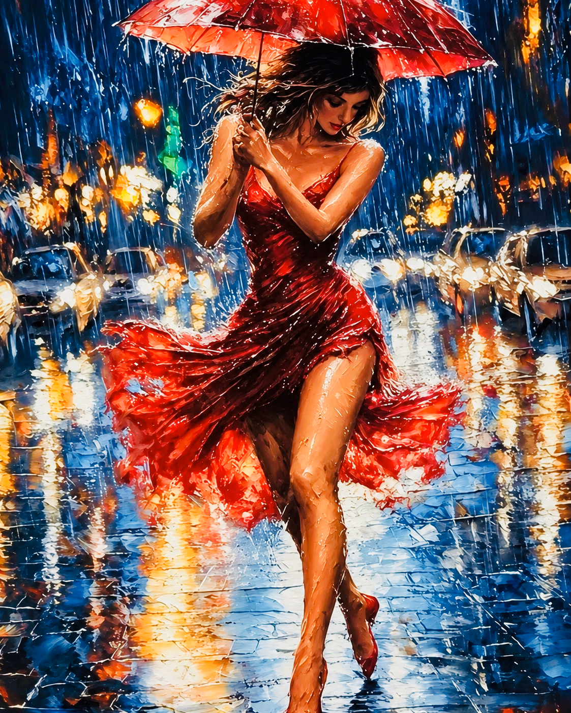 A woman in a flowing red dress beneath a red umbrella, surrounded by rain and blue and golden city reflections.