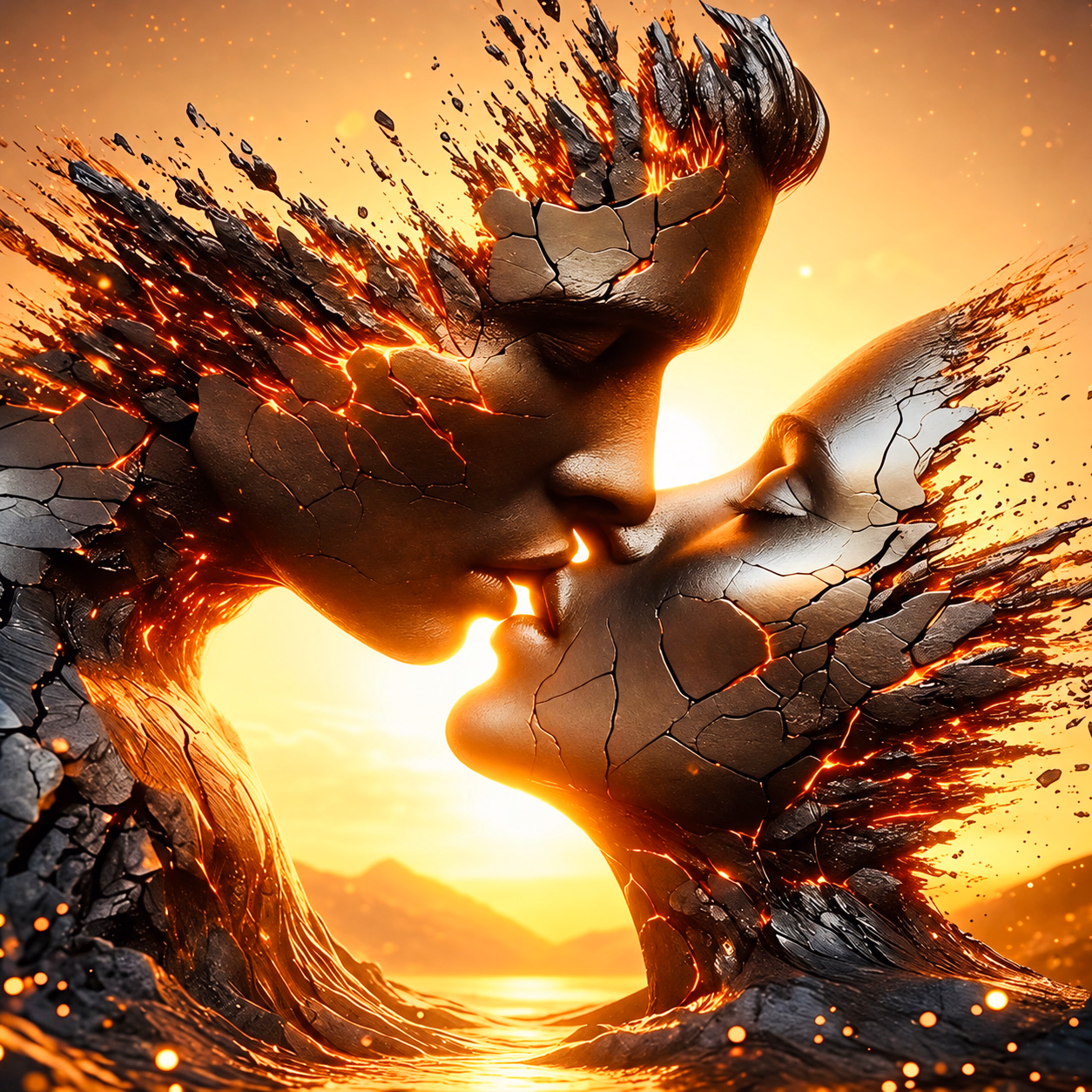 Two sculptural faces kiss in golden light as cracked outer surfaces dissolve into dark and glowing fragments.