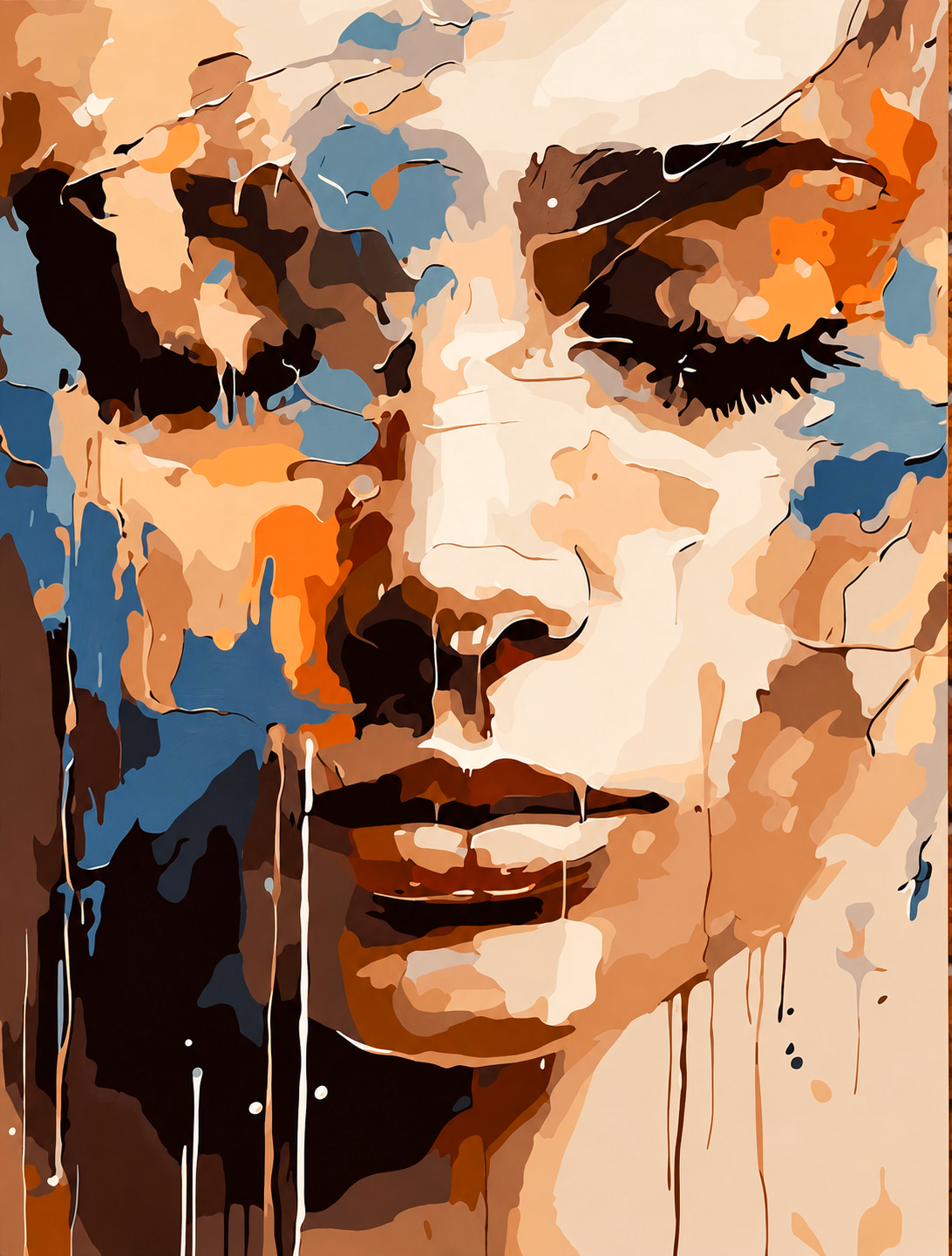 An abstract portrait with closed eyes, painted in cream, warm orange, brown and muted blue with flowing paint shapes.