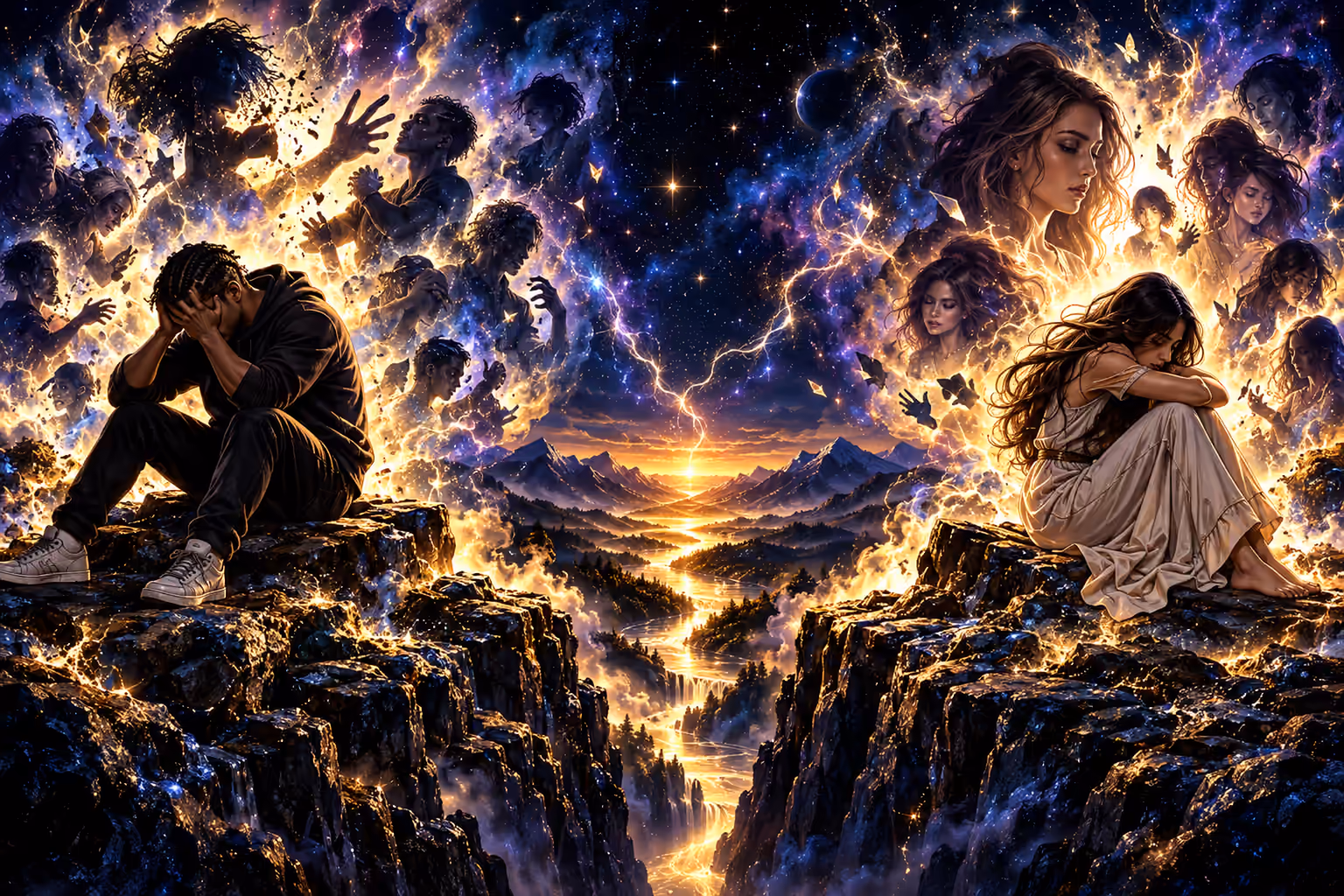A man and woman sit separately in reflection on rocky cliffs, surrounded by symbolic memories and swirling gold and violet light above a river valley.