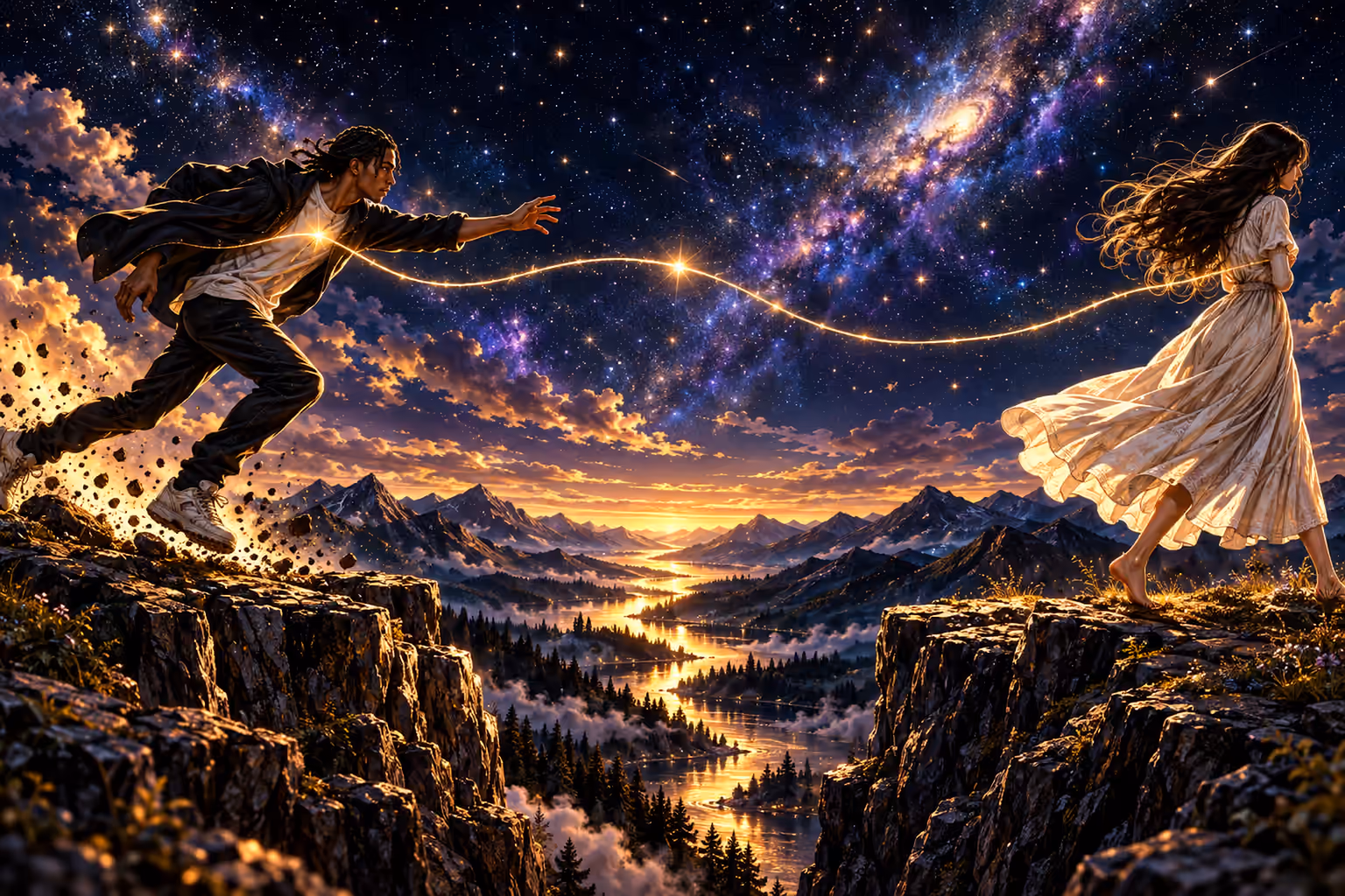 A braided man reaches across a starry valley towards a woman moving away, joined by a symbolic golden thread above a glowing mountain river.