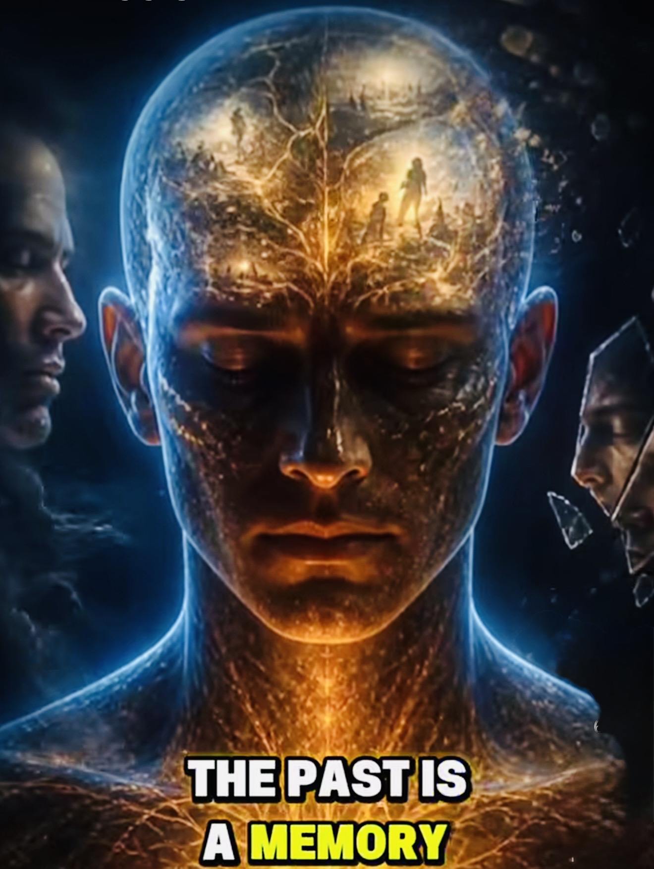A blue and gold symbolic face filled with memories, with the words The past is a memory.