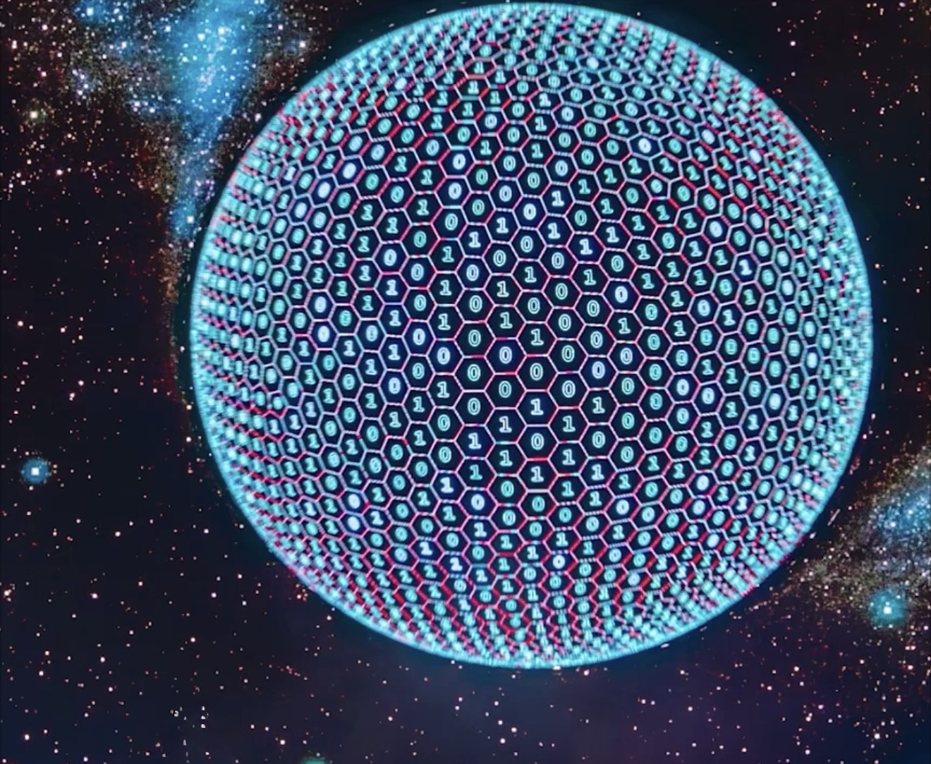 A glowing turquoise sphere covered in a pink hexagonal grid and binary digits floats among galaxies.