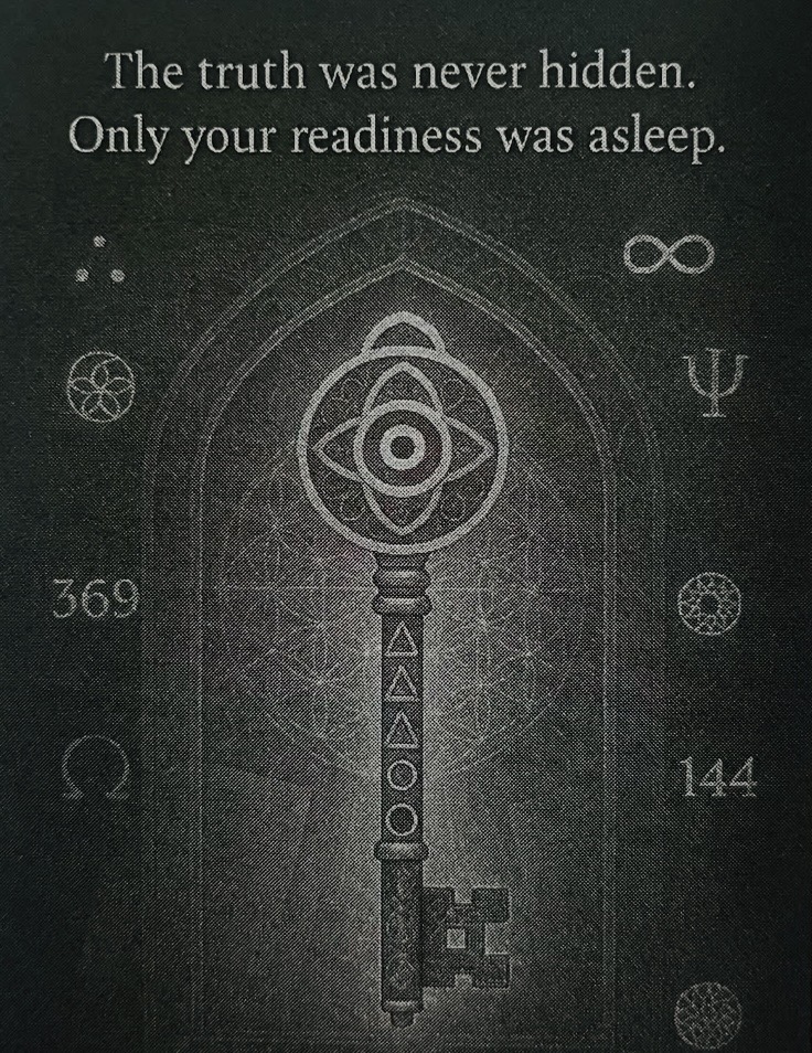A symbolic key surrounded by infinity, 369 and 144, beneath the words The truth was never hidden. Only your readiness was asleep.